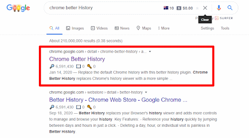 Find Chrome Better History Extension