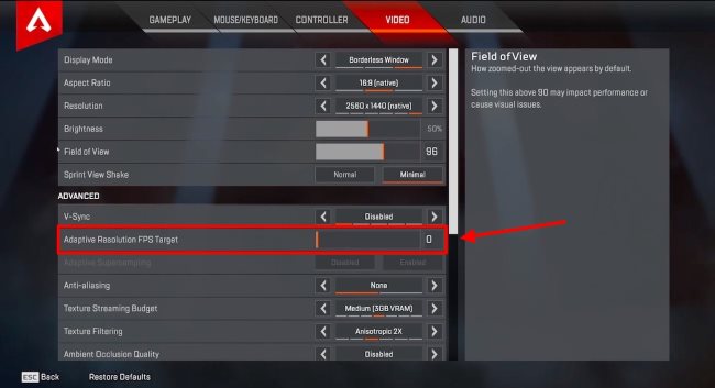 Set Adaptive Resolution FPS Target to 0